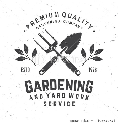 Gardening and yard work services emblem, label, badge, logo. Vector illustration. For sign, patch, shirt design with hand garden trowel, farming fork, gardening equipment silhouette. 105639731