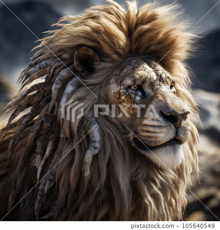 Artistic fantasy image of a Lion. Portrait of a lion with scars on its muzzle. An artistic illustration depicting the muzzle of an adult lion with a huge mane looking away. Portrait of an animal. Artistic fantasy image of a Lion. Portrait of a lion with scars on its muzzle. An artistic illustration depicting the muzzle of an adult lion with a huge mane looking away. Portrait of an animal. 105640549