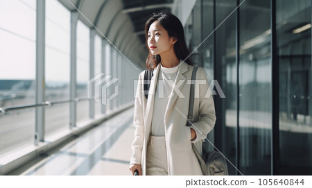 Business woman / woman walking at the airport on a business trip / trip (Generative AI) 105640844