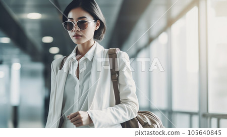 Business woman / woman walking at the airport on a business trip / trip (Generative AI) 105640845