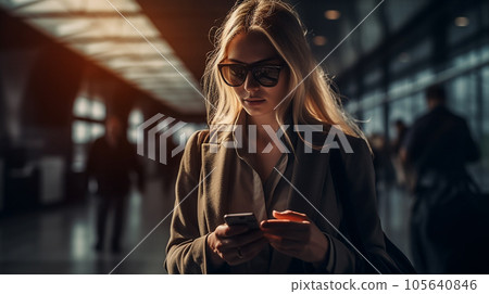 Business woman / woman walking at the airport on a business trip / trip (Generative AI) 105640846