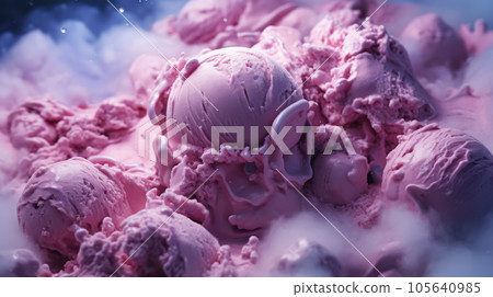 Advertising shot, pink fruit ice cream balls with sugar powder, side view on dark background. High quality illustration Advertising shot, pink fruit ice cream balls with sugar powder, side view on dark background. High quality illustration 105640985