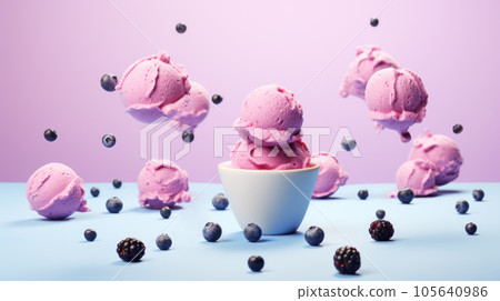 Composition of flying bluerberry icecream balls with blueberries, purple color, isolated on light blue-purple background. High quality illustration Composition of flying bluerberry icecream balls with blueberries, purple color, isolated on light blue-purple background. High quality illustration 105640986