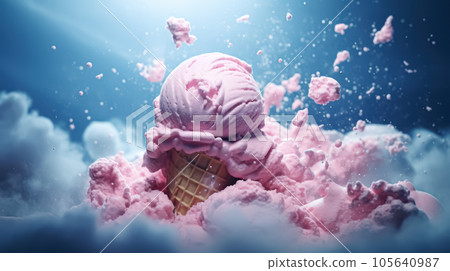 Advertising shot, pink fruit ice cream ball in cone illuminated from above, side view on blue background. High quality illustration Advertising shot, pink fruit ice cream ball in cone illuminated from above, side view on blue background. High quality illustration 105640987