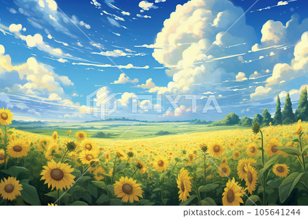 Summer sunflower field landscape-watercolor anime background 105641244