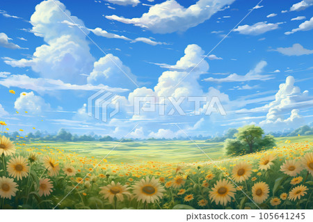 夏季向日葵田風景-水彩動漫背景 105641245