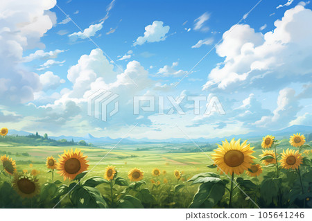 夏季向日葵田風景-水彩動漫背景 105641246