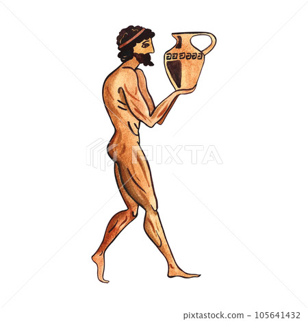 Ancient Greek Olympic athlete. Ancient Greek art. Painting on an amphora. Watercolor hand drawn illustration. Isolate. For the design of banners, prints and textiles. For packaging, labels, postcards. Ancient Greek Olympic athlete. Ancient Greek art. Painting on an amphora. Watercolor hand drawn illustration. Isolate. For the design of banners, prints and textiles. For packaging, labels, postcards. 105641432