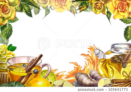 Tea drinking. Frame. Fragrant antiviral tea with lemon, cinnamon and ginger. Glass teapot and cup with vitamin tea against colds. Watercolor. Tea invitation. For flyers, packages and posters. 105641773