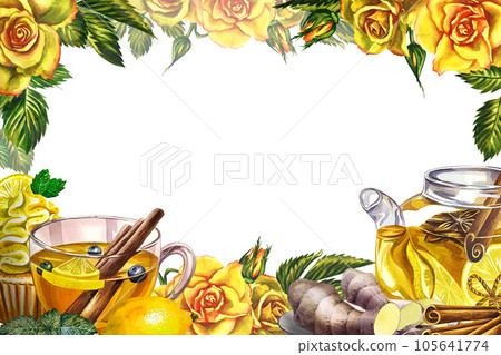 Tea drinking. Frame. Fragrant antiviral tea with lemon, cinnamon and ginger. Glass teapot and cup with vitamin tea against colds. Watercolor. Tea invitation. For flyers, packages and posters. Tea drinking. Frame. Fragrant antiviral tea with lemon, cinnamon and ginger. Glass teapot and cup with vitamin tea against colds. Watercolor. Tea invitation. For flyers, packages and posters. 105641774