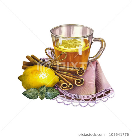 A cup of tea with lemon, cinnamon. Glass transparent cup filled with tea. Watercolor illustration. 105641776