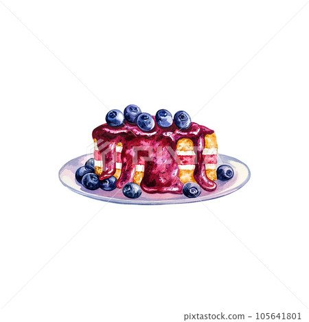 Cake with blueberries. Sweet piece of blueberry dessert. Watercolor illustrations. Isolated. For labels, packaging. 105641801