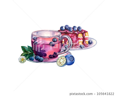 Blueberry tea party, cake and blueberry tea. Blue berries, fresh natural health product. Watercolor illustration. 105641822