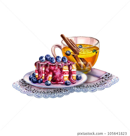 Tea party, blueberry cake and vitamin flavored tea. Watercolor illustration. For labels, packaging, banners. Tea party, blueberry cake and vitamin flavored tea. Watercolor illustration. For labels, packaging, banners. 105641823