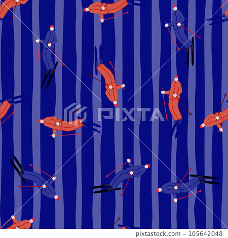 Skiers on the slope. Winter sports seamless pattern. Skiers on the slope. Winter sports seamless pattern. 105642048
