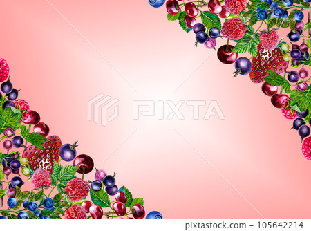 Berries. Frame with strawberries, raspberries and blueberries, cherries and currants. Watercolor. For packaging, labels 105642214
