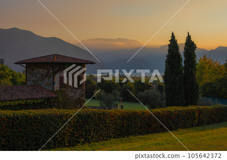 A landscape of the countryside near Iseo Lake at sunrise, Italy A landscape of the countryside near Iseo Lake at sunrise, Italy 105642372