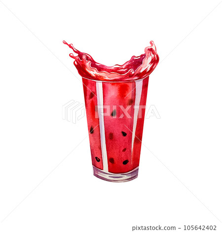 Watermelon juice in a glass. Watercolor illustration. Isolate. For design solutions for labels, packaging and banners. Watermelon juice in a glass. Watercolor illustration. Isolate. For design solutions for labels, packaging and banners. 105642402