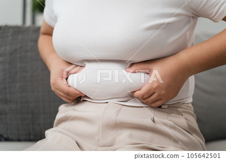 Close up of chubby woman holding her belly fat on the sofa. Diet lifestyle to reduce belly and shape up healthy, abdominal muscle concept. 105642501