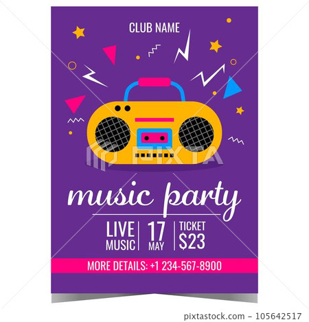 Music party invitation poster or promo banner with vintage tape recorder and colourful abstract graphic elements on the blue background. Disco dance concept. Ready to print vector illustration. Music party invitation poster or promo banner with vintage tape recorder and colourful abstract graphic elements on the blue background. Disco dance concept. Ready to print vector illustration. 105642517