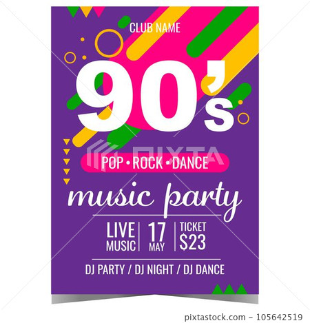 Music party artists of the 90's vector design template. Nineties music party invitation, promo poster or banner with 90's colourful graphic elements for concert or disco dance event in the night club. Music party artists of the 90's vector design template. Nineties music party invitation, promo poster or banner with 90's colourful graphic elements for concert or disco dance event in the night club. 105642519