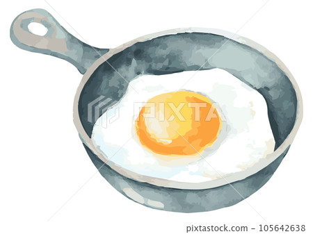 Watercolor illustration of a fried egg baked in a small frying pan (skillet) Watercolor illustration of a fried egg baked in a small frying pan (skillet) 105642638
