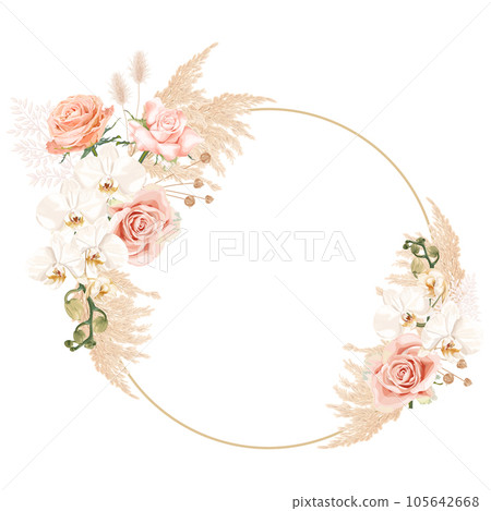Boho, bohemian wreath with white phalaenopsis orchid flowers, pink rose, reeds and dry plants. Wedding floristry. Boho, bohemian wreath with white phalaenopsis orchid flowers, pink rose, reeds and dry plants. Wedding floristry. 105642668