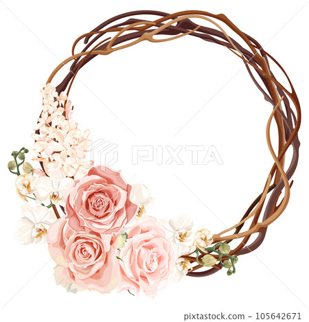 Boho, bohemian vine wreath with white phalaenopsis orchid, rose and hydrangea flowers. Wedding floristry. 105642671