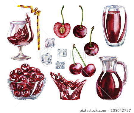 Cherry set. Cherry fruits and cherry juice in a glass and jug. Watercolor hand drawn. Isolated. For labels 105642737