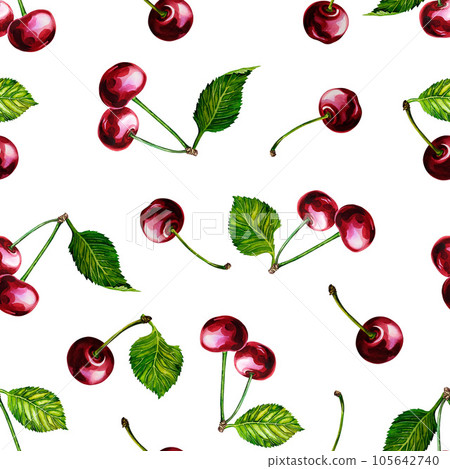 Cherry. Seamless pattern. Watercolor illustration. For labels, packaging and banners. For textiles, prints and stickers. Cherry. Seamless pattern. Watercolor illustration. For labels, packaging and banners. For textiles, prints and stickers. 105642740
