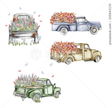 Watercolor composition with flowers and farm car. Butterflies in cartoon style.Hand drawn illustration perfect for scrapbooking, kids design, wedding invitation,posters, greetings cards. 105643135