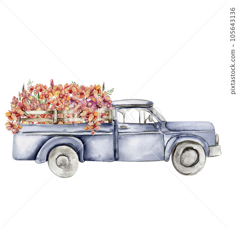 Watercolor composition with flowers and farm car. Butterflies in cartoon style.Hand drawn illustration perfect for scrapbooking, kids design, wedding invitation,posters, greetings cards. 105643136