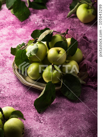 Fresh ripe green apple in purple background. 105643299