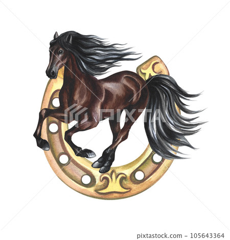 Running horse and horseshoe. Hand watercolor. Isolate of a brown horse on the background of a horseshoe. For printing Running horse and horseshoe. Hand watercolor. Isolate of a brown horse on the background of a horseshoe. For printing 105643364