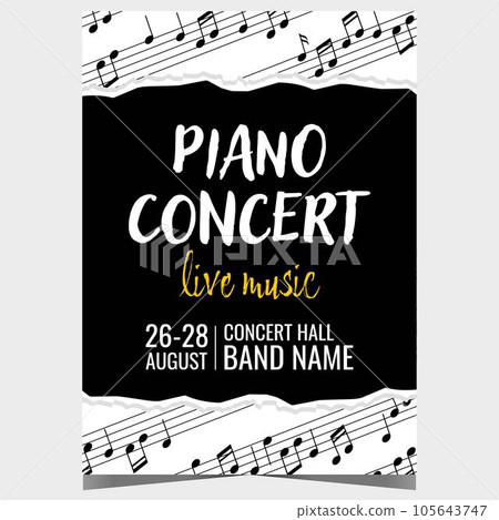 Vector illustration for live piano music concert with white musical notes on the black background. Promo poster or banner, invitation leaflet or flyer for classical piano music concert or festival. 105643747