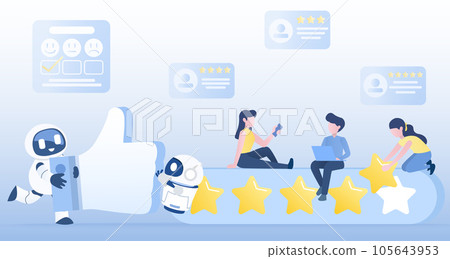 Artificial intelligence (AI) technology and customer satisfaction concept. Online technology review, give 5 star, thumb up, positive review, customer loyalty. Flat vector design illustration. 105643953