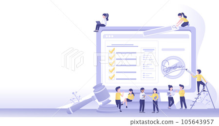 Business ideas concept. Signing signature, electronic legal binding document, checklist policy, term and condition. Buy and sell contract. Flat vector design illustration with copy space. 105643957