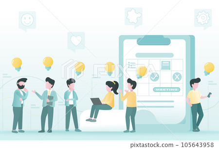 Business people meeting, thinking, brainstorming on work schedule, reminders. Marketing strategy, financial management, schedule plan. Flat vector design illustration. 105643958