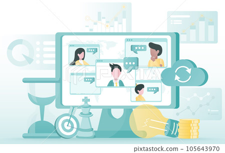 Online communication concept. Business people meeting and discussing via video conference, analyst data, strategy management, tactical planning, support and improvement to achieve success. Online communication concept. Business people meeting and discussing via video conference, analyst data, strategy management, tactical planning, support and improvement to achieve success. 105643970