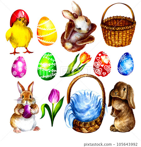 Easter spring set with cute eggs, chicks, bunny, baskets, eggs, flowers. Isolate on a white background. 105643992
