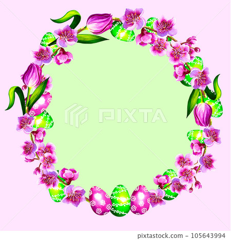 Round frame with colorful eggs on an Easter flower wreath. Watercolor illustration. 105643994