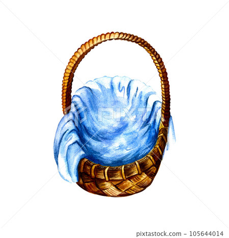 Wicker basket with cloth, isolation. Watercolor illustration. Wicker basket with cloth, isolation. Watercolor illustration. 105644014