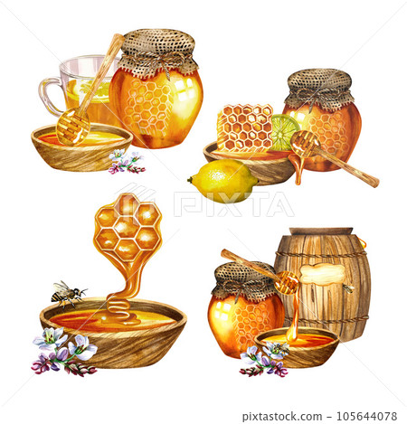 A set of compositions with honey.Isolate on a white background. watercolor hand drawn illustration. For design solutions for banners, postcards, packaging and labels, stickers, etc. 105644078