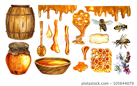 Honey set with barrel, bees, honeycombs, buckwheat flowers. Horizontal. Isolate on a white background. watercolor. Honey set with barrel, bees, honeycombs, buckwheat flowers. Horizontal. Isolate on a white background. watercolor. 105644079