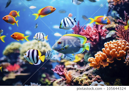 Tropical sea underwater fishes on coral reef. Aquarium oceanarium wildlife colorful marine panorama landscape nature snorkeling diving Tropical sea underwater fishes on coral reef. Aquarium oceanarium wildlife colorful marine panorama landscape nature snorkeling diving 105644324