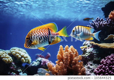 Tropical sea underwater fishes on coral reef. Aquarium oceanarium wildlife colorful marine panorama landscape nature snorkeling diving 105644325