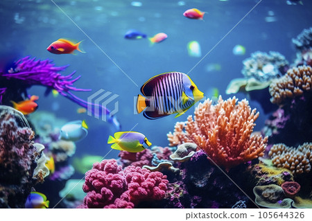 Tropical sea underwater fishes on coral reef. Aquarium oceanarium wildlife colorful marine panorama landscape nature snorkeling diving 105644326