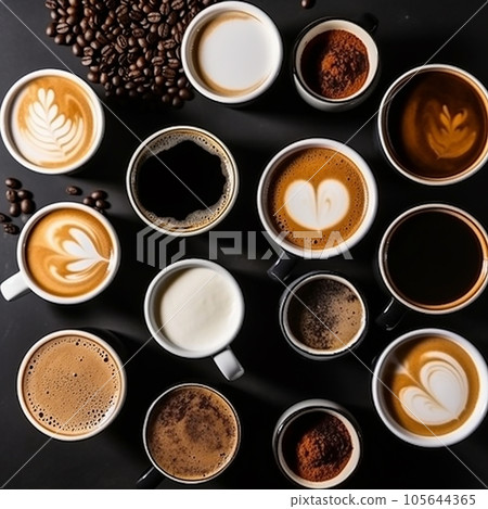 Various cups of coffee on black, cappuccino, espresso, americano, latte, each next to the other photo from above, flatley, food background 105644365