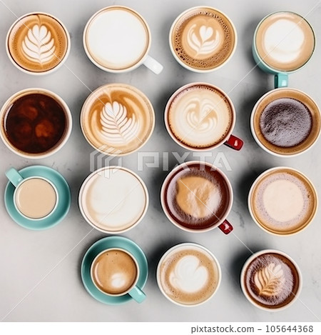 Various cups of coffee on white, cappuccino, espresso, americano, latte, each next to the other photo from above, flatley, food background 105644368