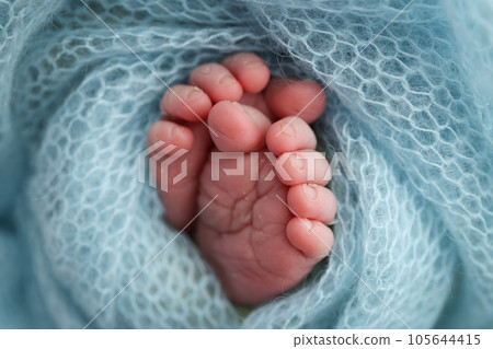 Baby foot on blue soft coverlet, blanket. Close-up of tiny, cute, bare toes, heels and feet of a newborn girl, boy. Detail of a newborn baby legs.Macro horizontal professional studio photo.  105644415